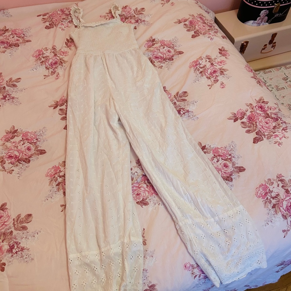 Jessica Simpson XS White Eyelet Jumpsuit smocked top  coquette cottage core tank